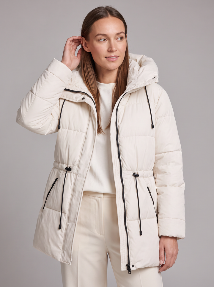 Women's padded hooded parka coat shown in beige and black