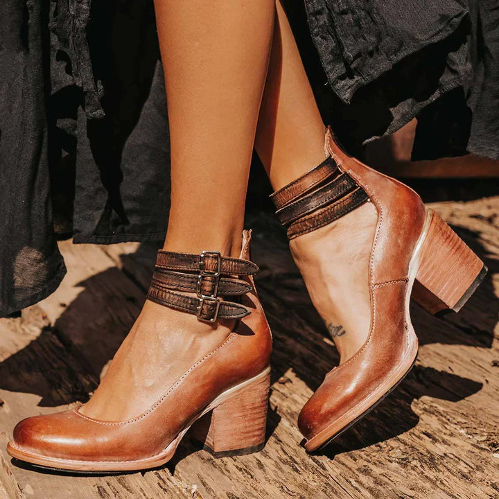 Women's ankle strap pumps with buckles and block heels
