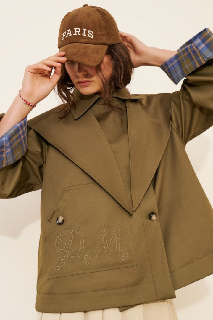Women's olive utility jacket with blue plaid panels and long sleeves