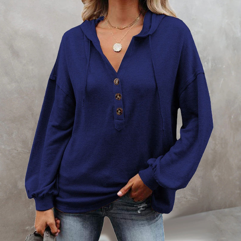 Women's loose V-neck button hoodie with drawcord hood and long sleeves