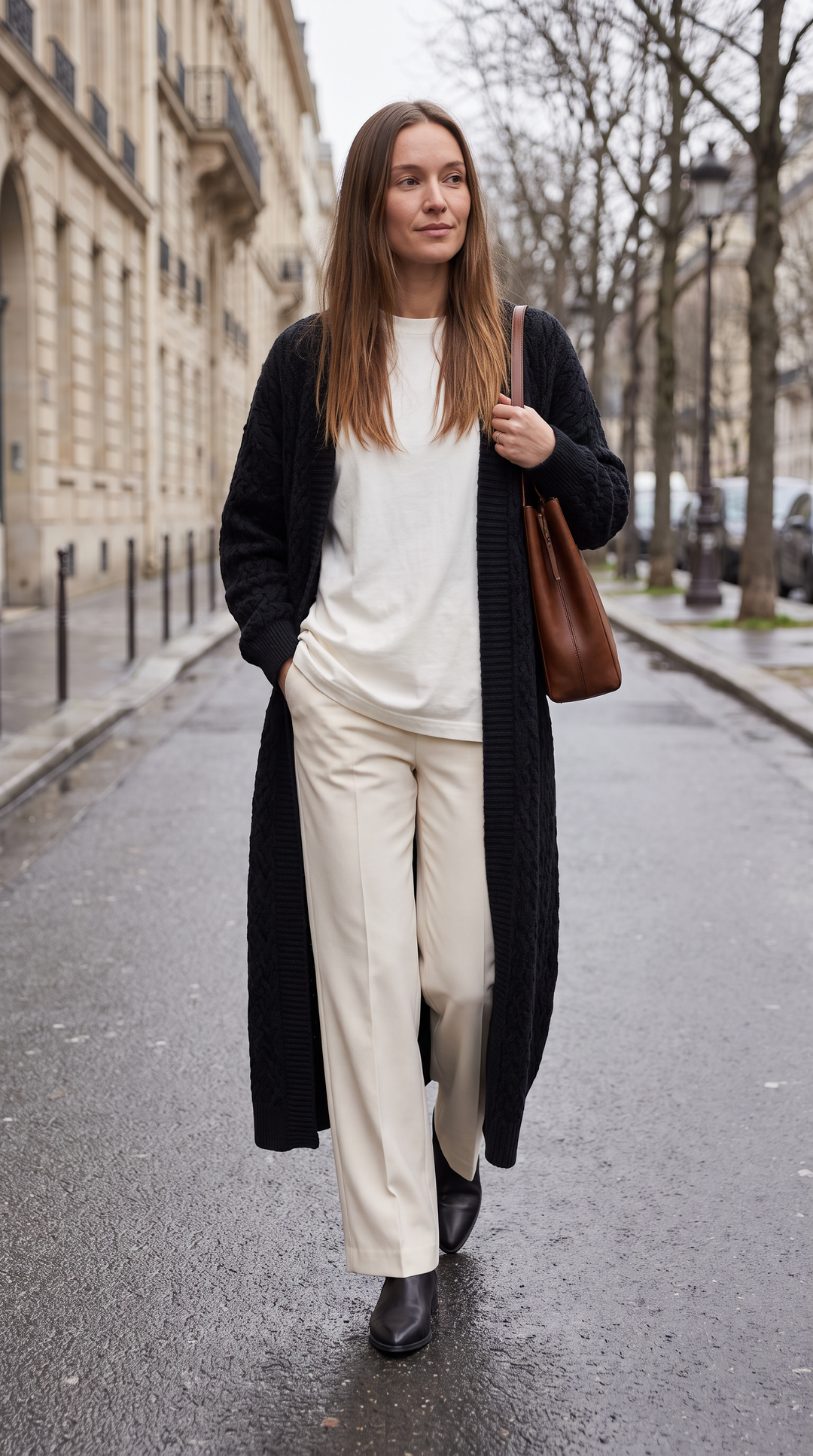 Women's longline textured knit cardigan shown in black and beige with open front and long sleeves