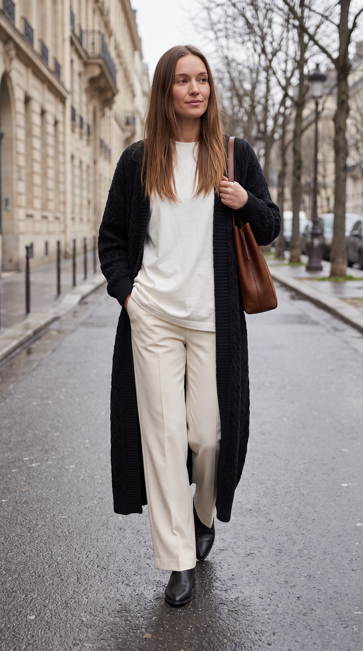 Women's longline textured knit cardigan shown in black and beige with open front and long sleeves