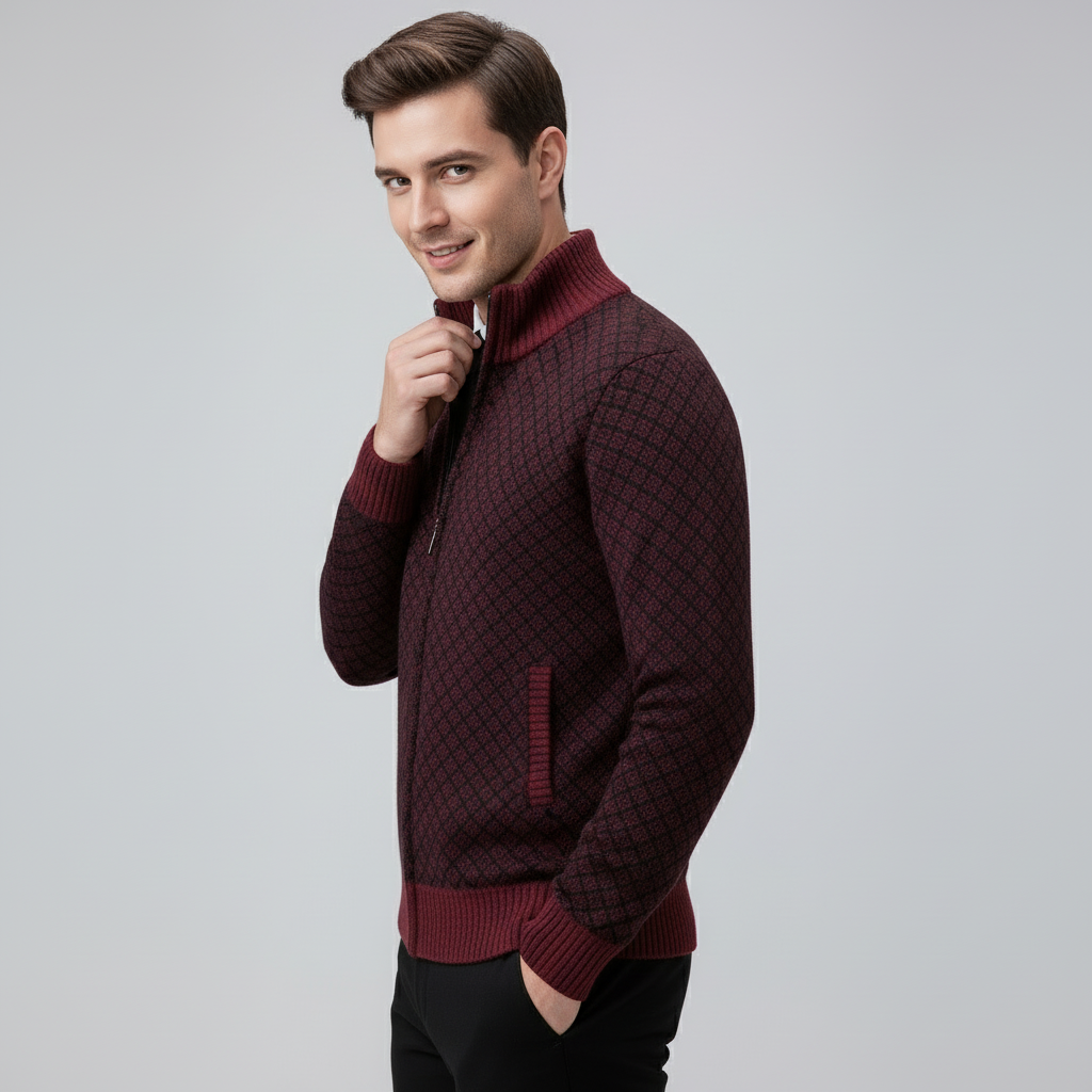 Long sleeve zip cardigan with diamond pattern and stand collar