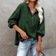 Women's loose V-neck button hoodie with drawcord hood and long sleeves