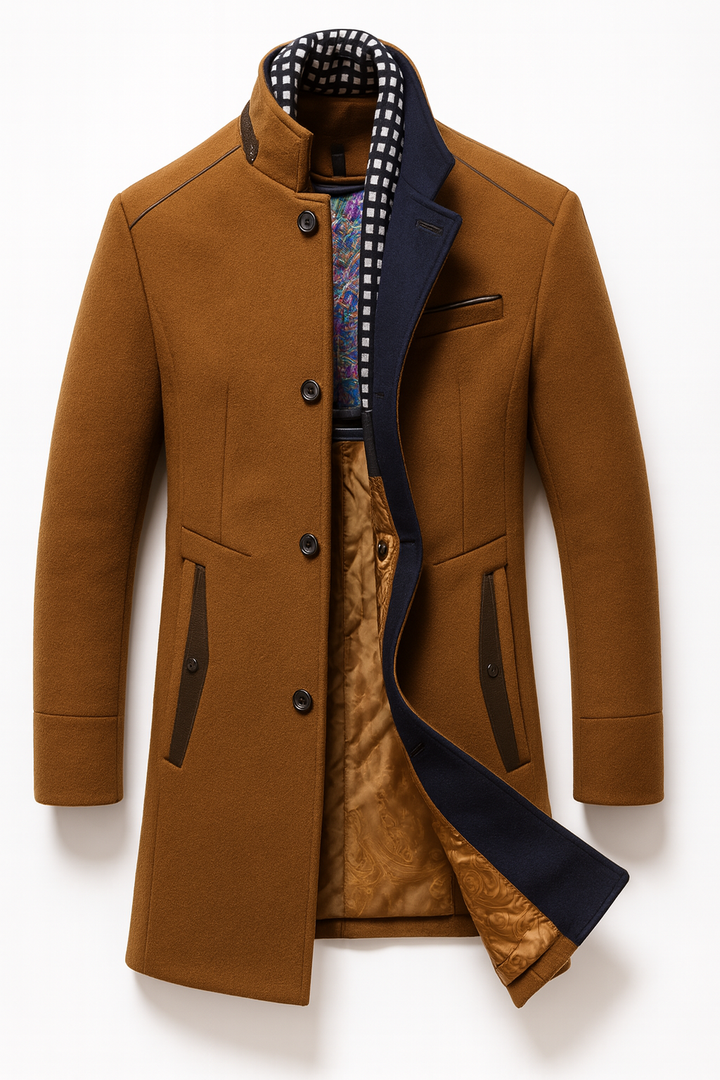 Men's textured button-front overcoat with Mandarin collar and contrast trim