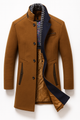 Men's textured button-front overcoat with Mandarin collar and contrast trim