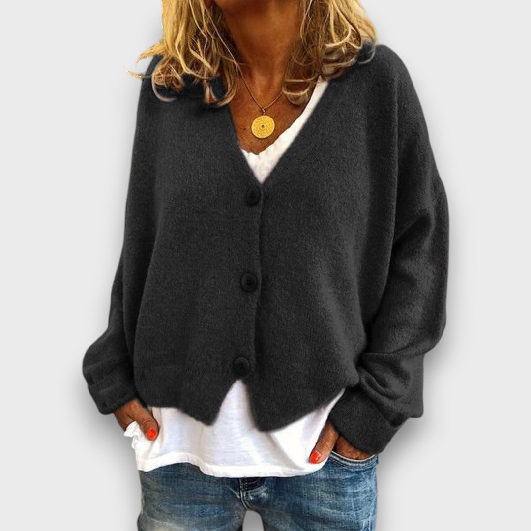 Women's V-neck knit cardigan with long sleeves and button front
