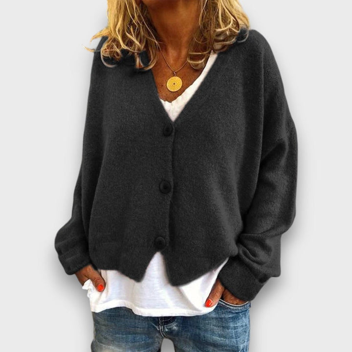 Women's V-neck knit cardigan with long sleeves and button front