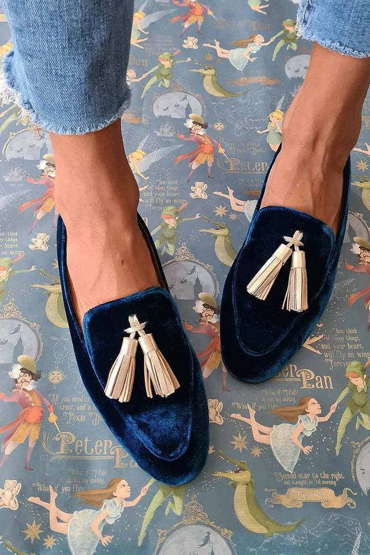 Women's blue velvet loafers with double tassel detail