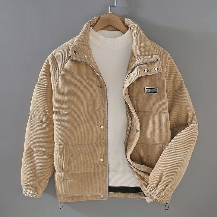 Corduroy puffer jacket with high collar, zip front and multiple pockets