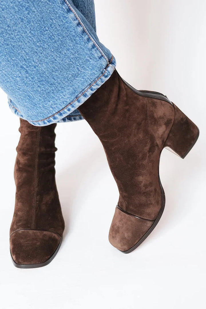 Brown square-toe ankle boots with side zips and block heels