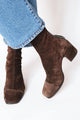 Brown square-toe ankle boots with side zips and block heels