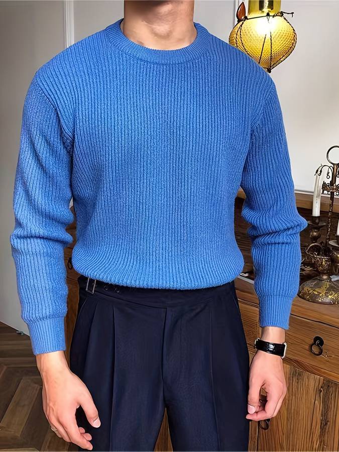 Men's ribbed crew neck sweater with long sleeves and ribbed hem