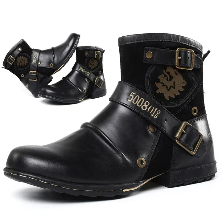 Men's biker ankle boots with buckle straps, round toes and side emblems