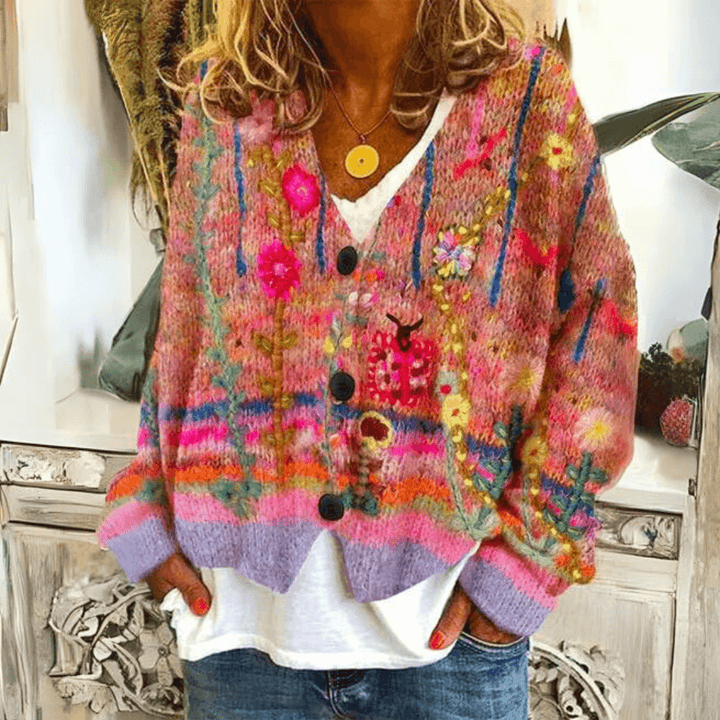 Women's multicoloured floral V-neck button cardigan with long sleeves