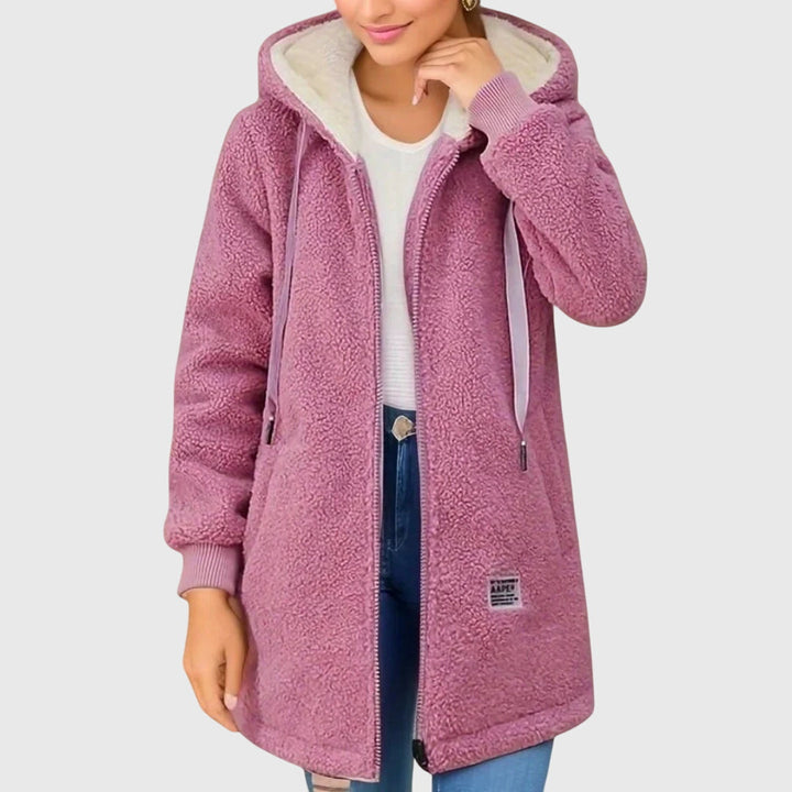 Women's longline hooded fleece jacket with full zip front
