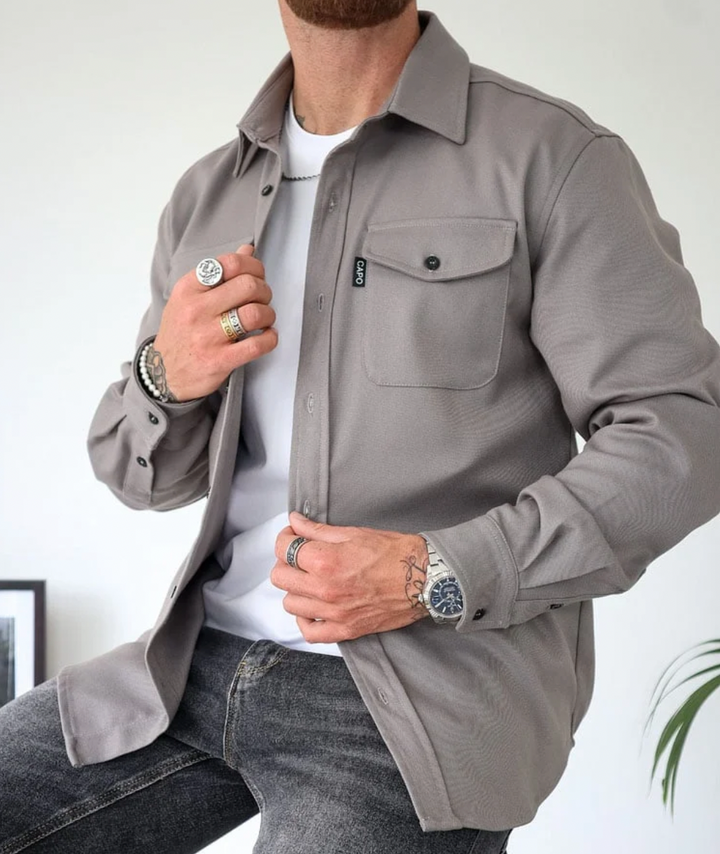 Men's long-sleeve shirt jacket with pointed collar, button front and flap chest pockets