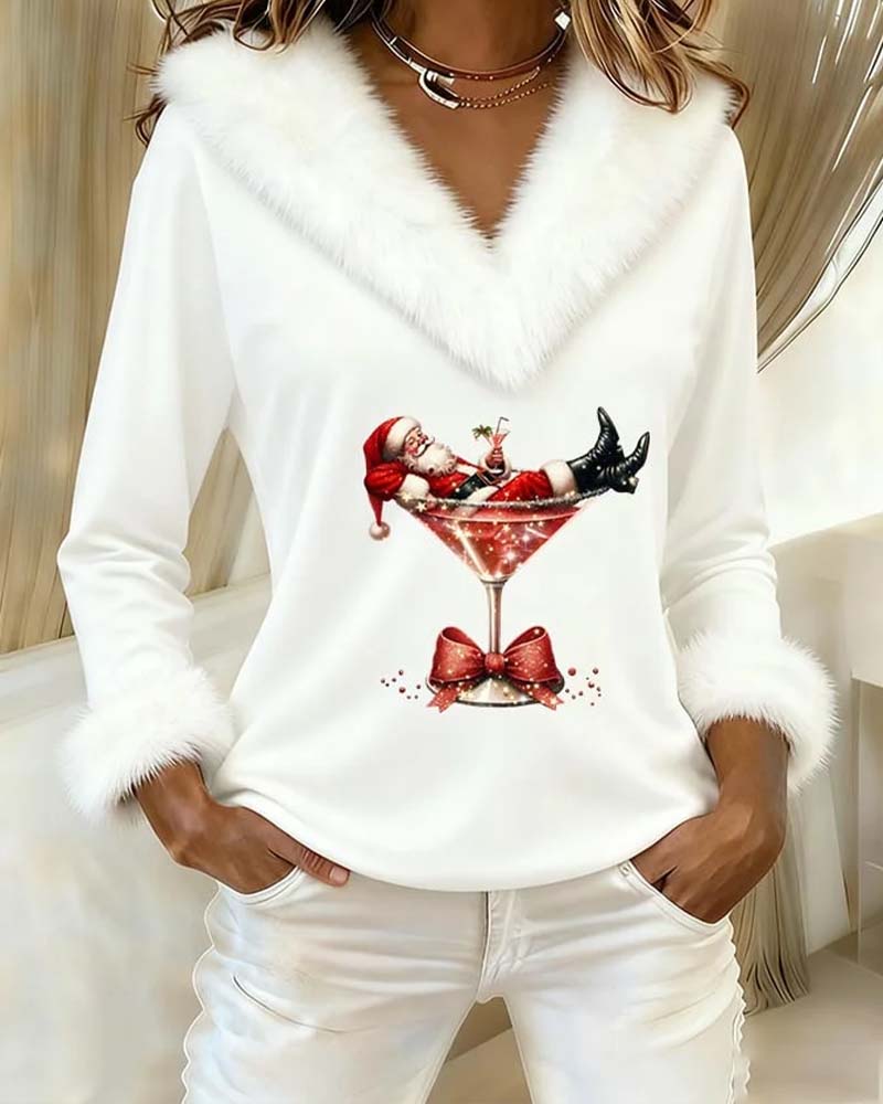 Women's red plush Christmas top with white faux fur V-neck trim and holiday print