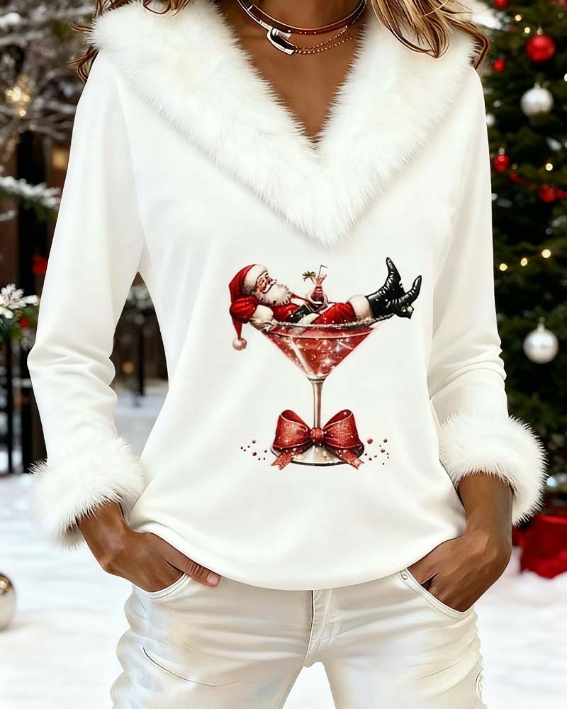 Women's red plush Christmas top with white faux fur V-neck trim and holiday print