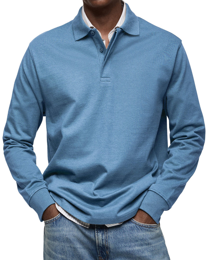 Men's long sleeve polo sweater with collared button placket and ribbed cuffs