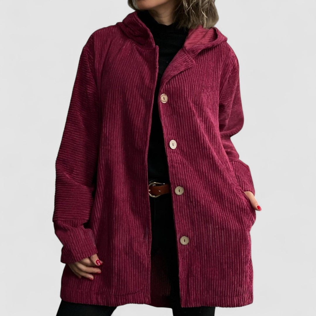 Women's corduroy hooded jacket with buttons and side pockets