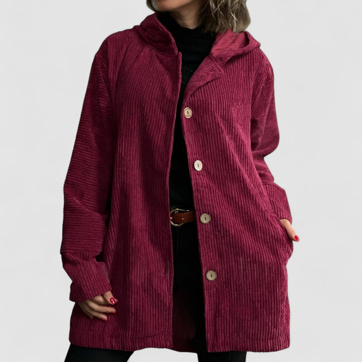 Women's corduroy hooded jacket with buttons and side pockets