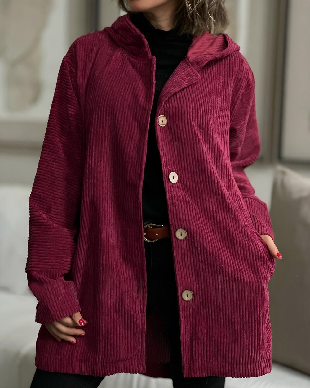 Women's corduroy hooded jacket with buttons and side pockets