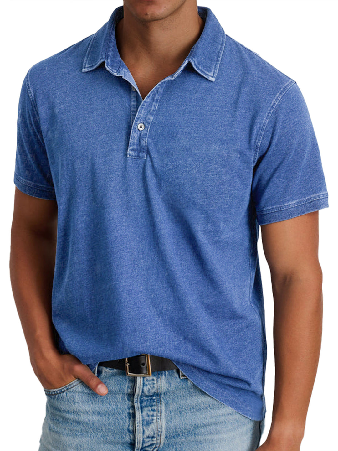 Men's blue polo shirt with collar and button front, short sleeves