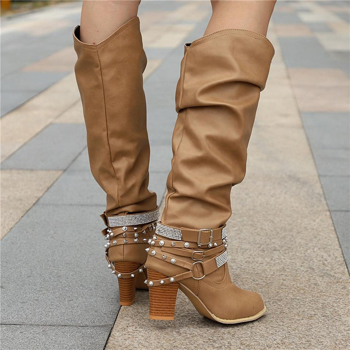 Women's Knee-High Boots - Slouchy Block Heel in Brown - View 10 | Bellmere