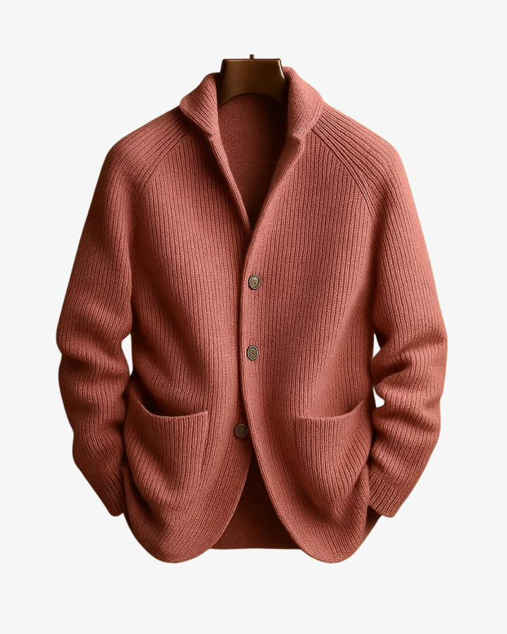 Men's ribbed knit cardigan with shawl collar, buttons and front pockets