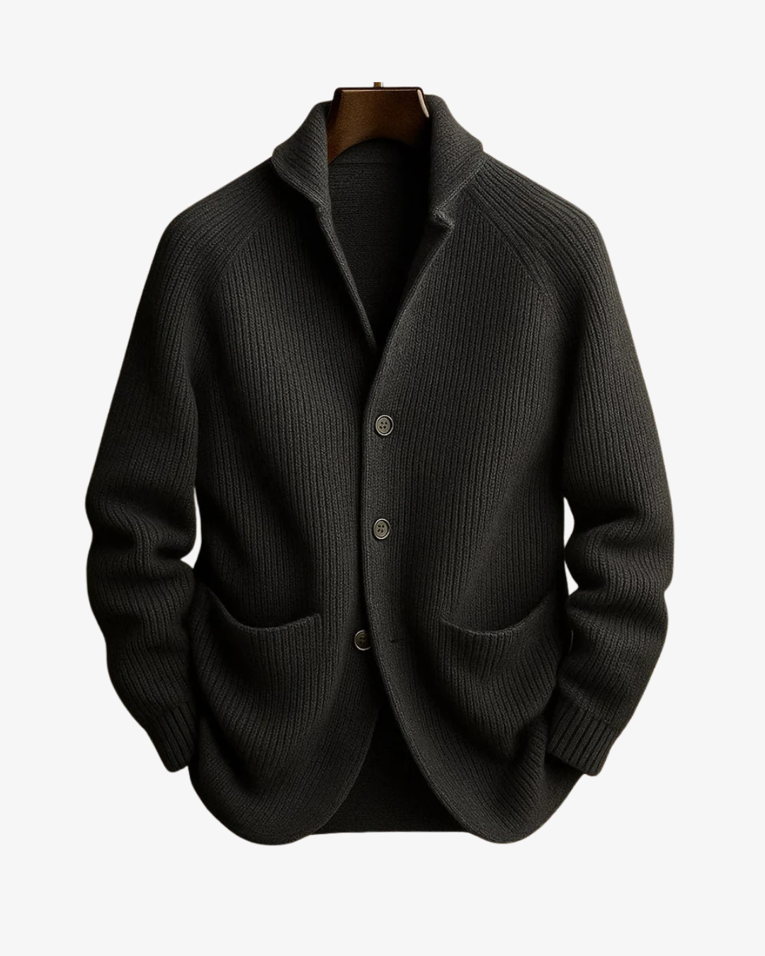 Men's ribbed knit cardigan with shawl collar, buttons and front pockets