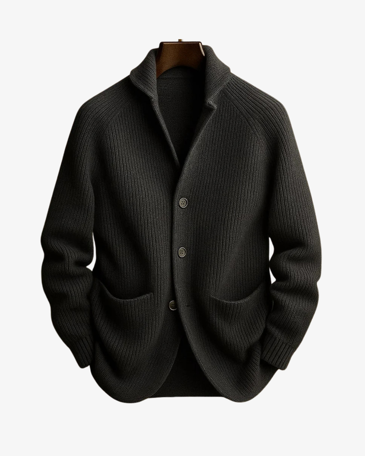 Men's ribbed knit cardigan with shawl collar, buttons and front pockets