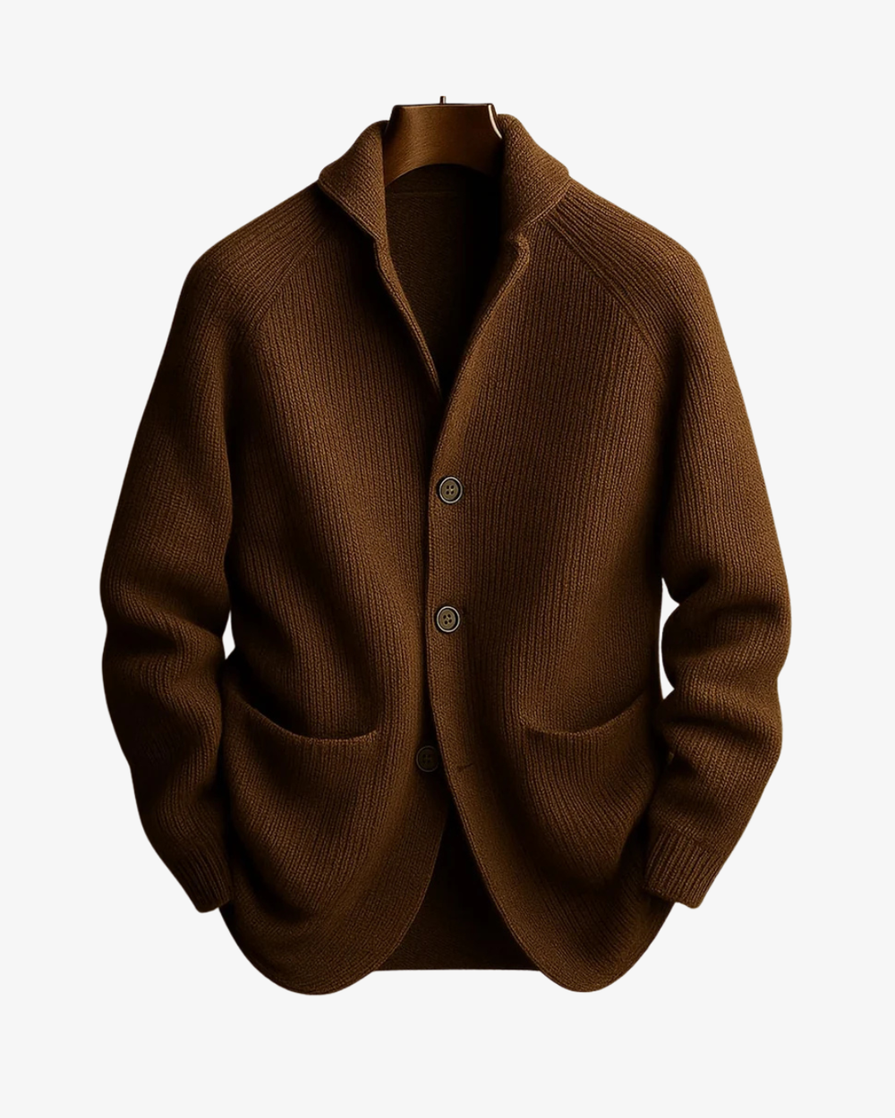 Men's ribbed knit cardigan with shawl collar, buttons and front pockets