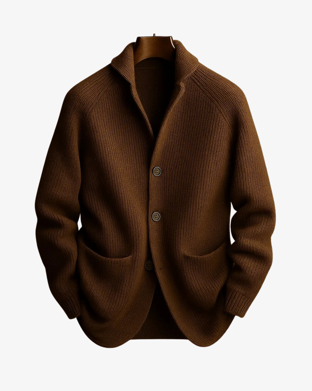 Men's ribbed knit cardigan with shawl collar, buttons and front pockets