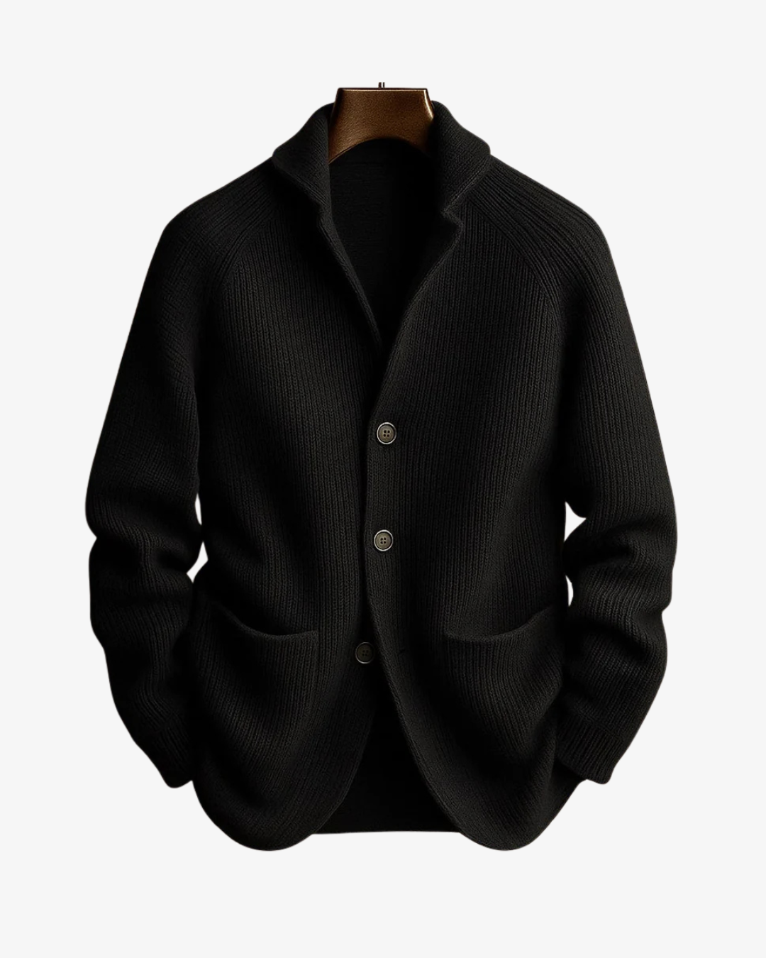 Men's ribbed knit cardigan with shawl collar, buttons and front pockets