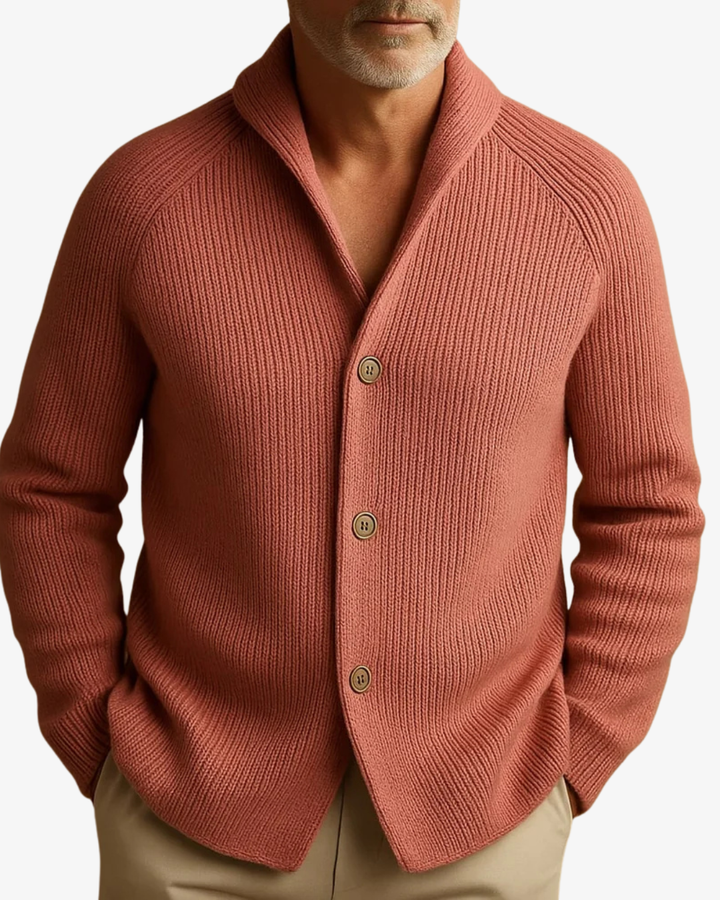 Men's ribbed knit cardigan with shawl collar, buttons and front pockets