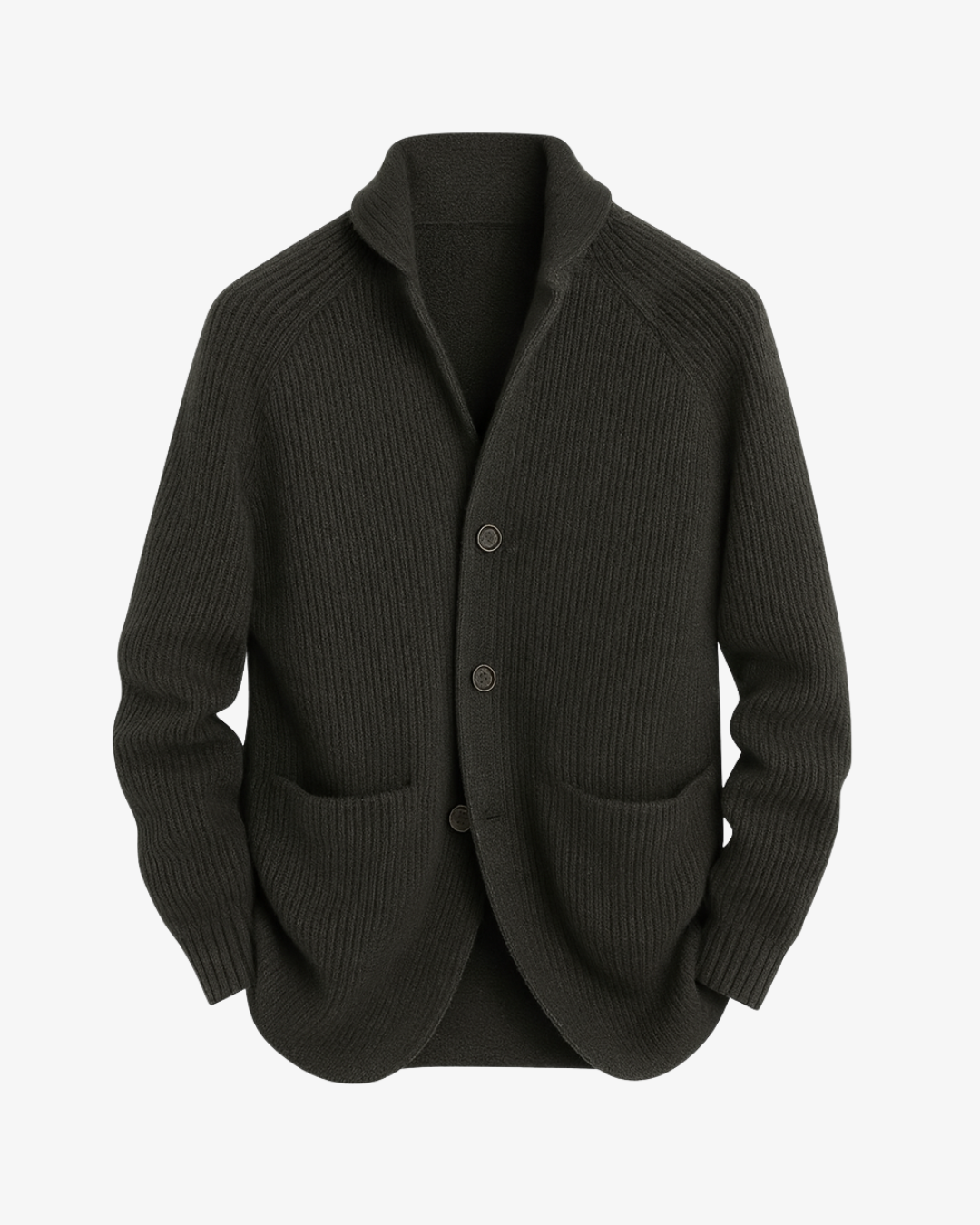 Men's ribbed knit cardigan with shawl collar, buttons and front pockets