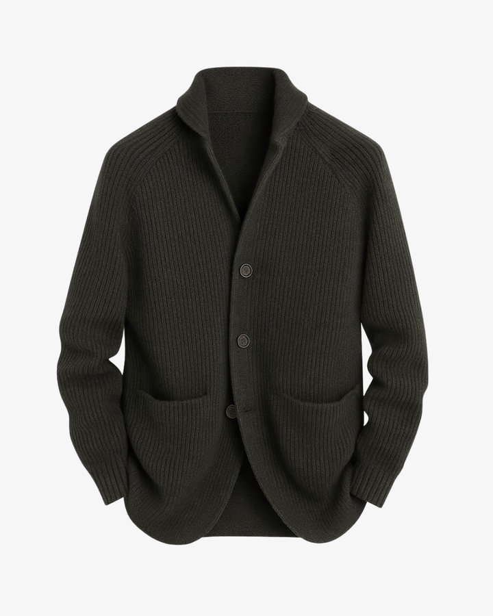 Men's ribbed knit cardigan with shawl collar, buttons and front pockets