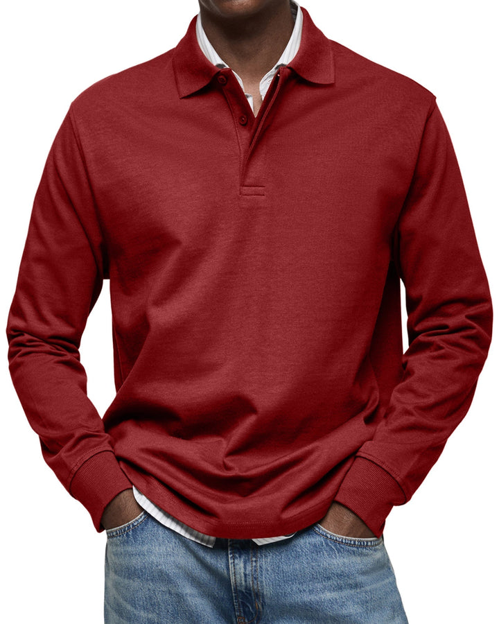 Men's long sleeve polo sweater with collared button placket and ribbed cuffs