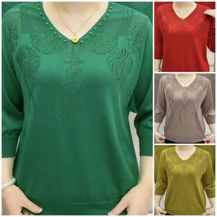 V-neck jersey top with floral embellishment and three-quarter sleeves