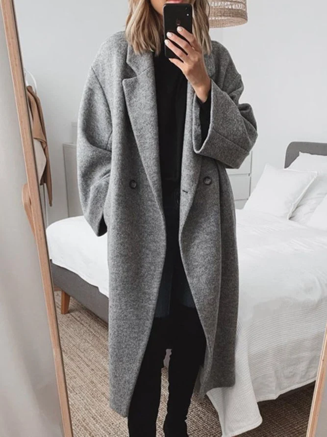 Women's long double-breasted coat with notched lapels