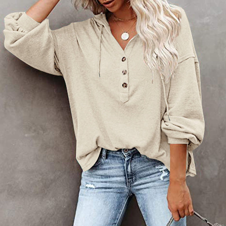 Women's loose V-neck button hoodie with drawcord hood and long sleeves