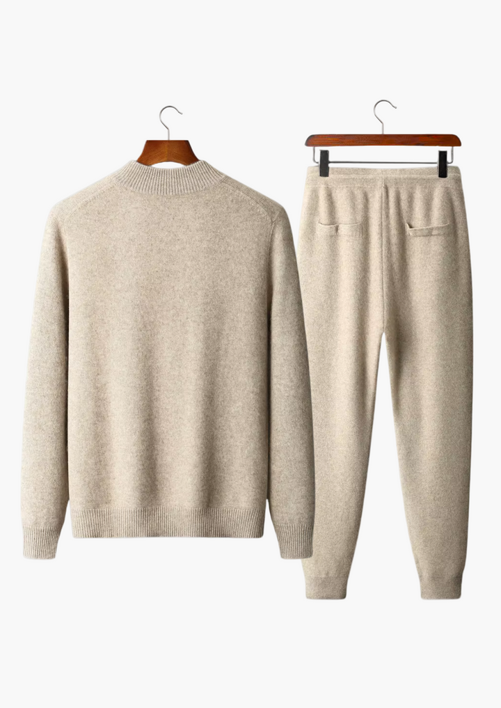 Men's beige knit cardigan and jogger set with zip front and drawstring trousers
