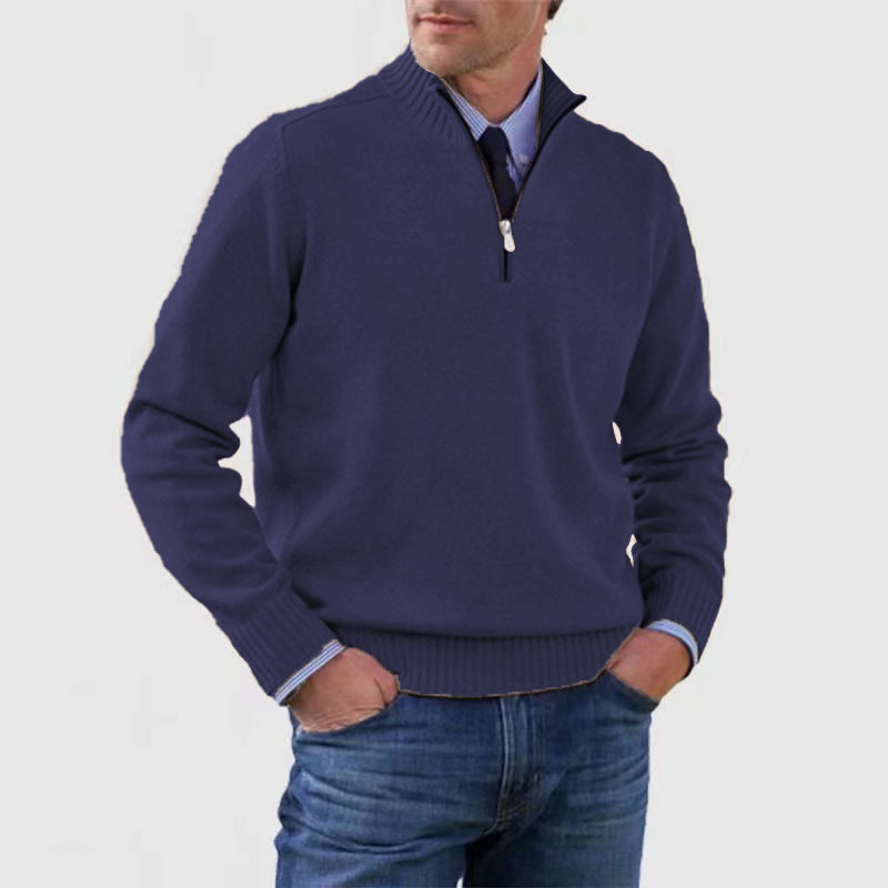 Men's long-sleeve half-zip mock neck sweater with ribbed trims
