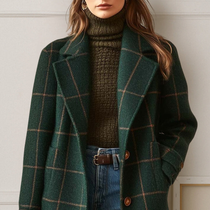 Women's long checked coat with notch lapel and side pockets