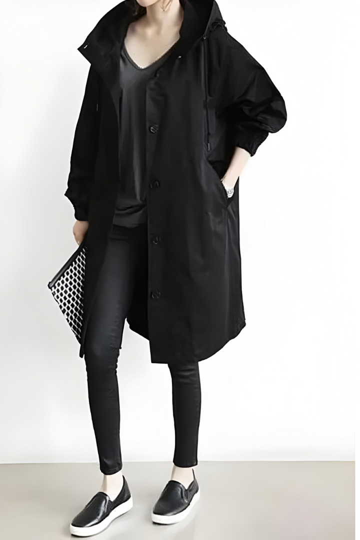 Women's longline hooded jacket with button front and gathered sleeves