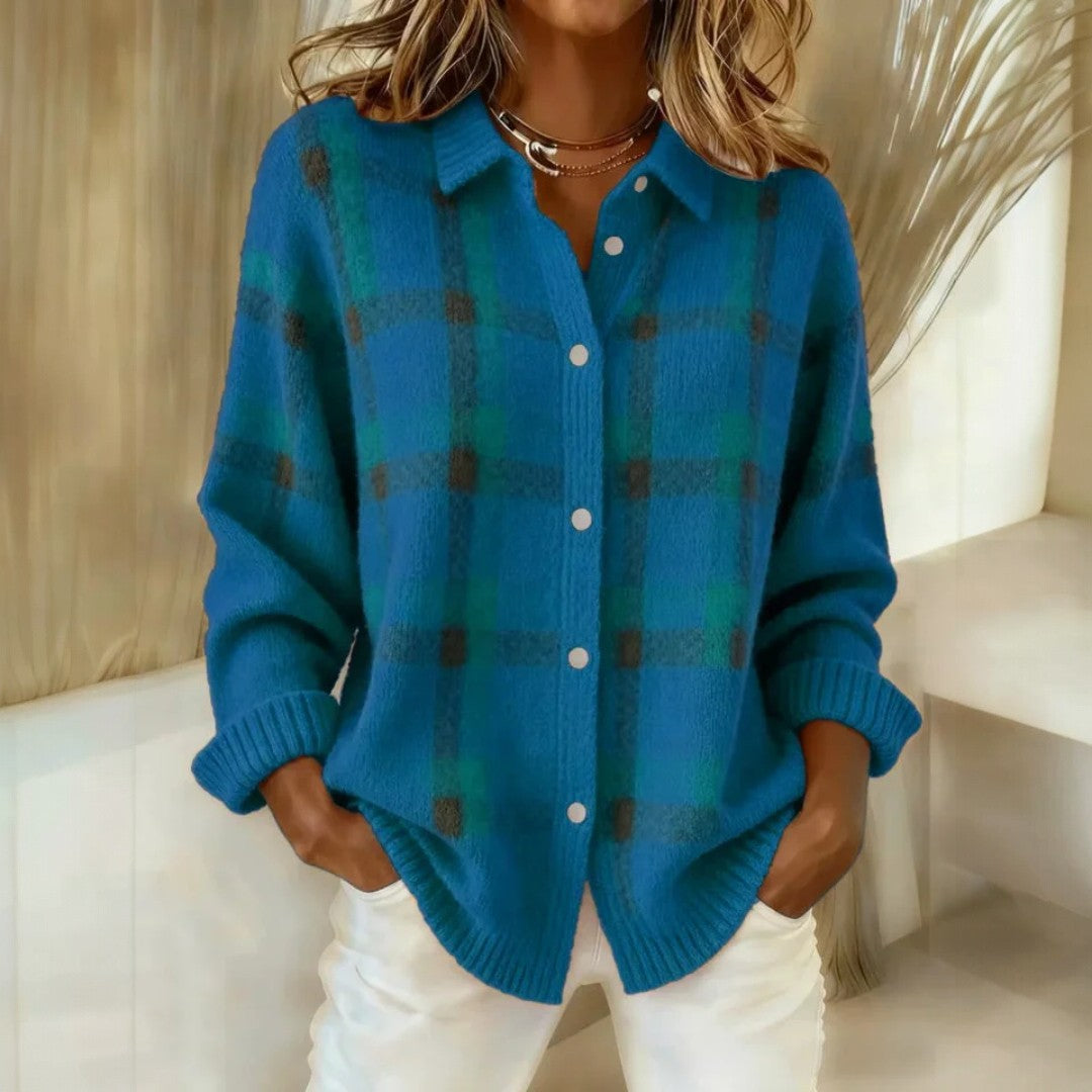 Women's checked collared button sweater with long sleeves and ribbed trims