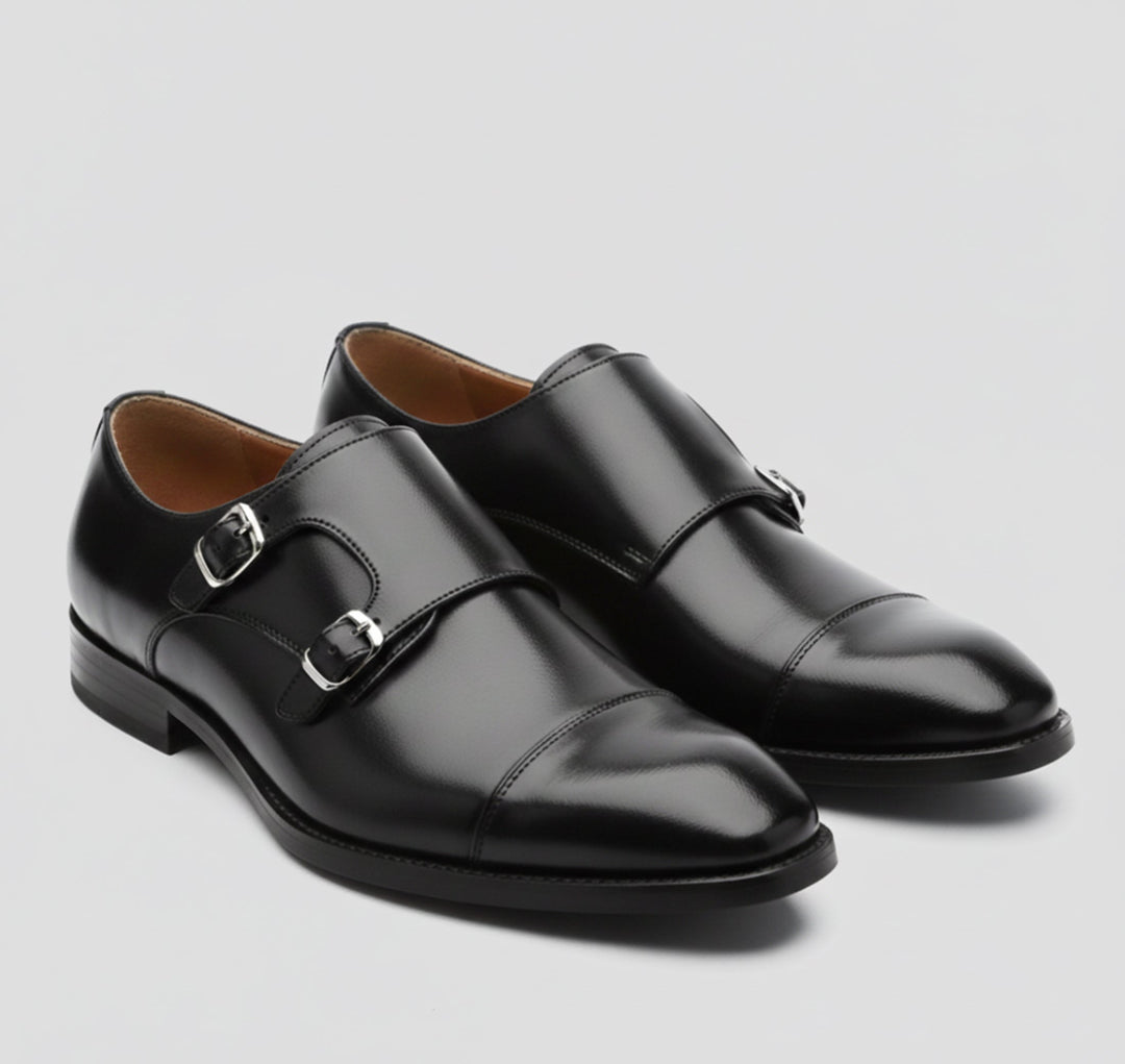Men's double monk strap loafers with twin buckles and low heels