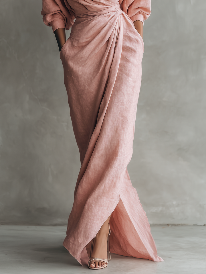 Women's wrap maxi dress with v-neck and three-quarter sleeves in pink