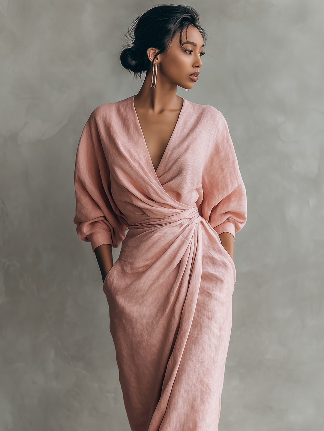 Women's wrap maxi dress with v-neck and three-quarter sleeves in pink